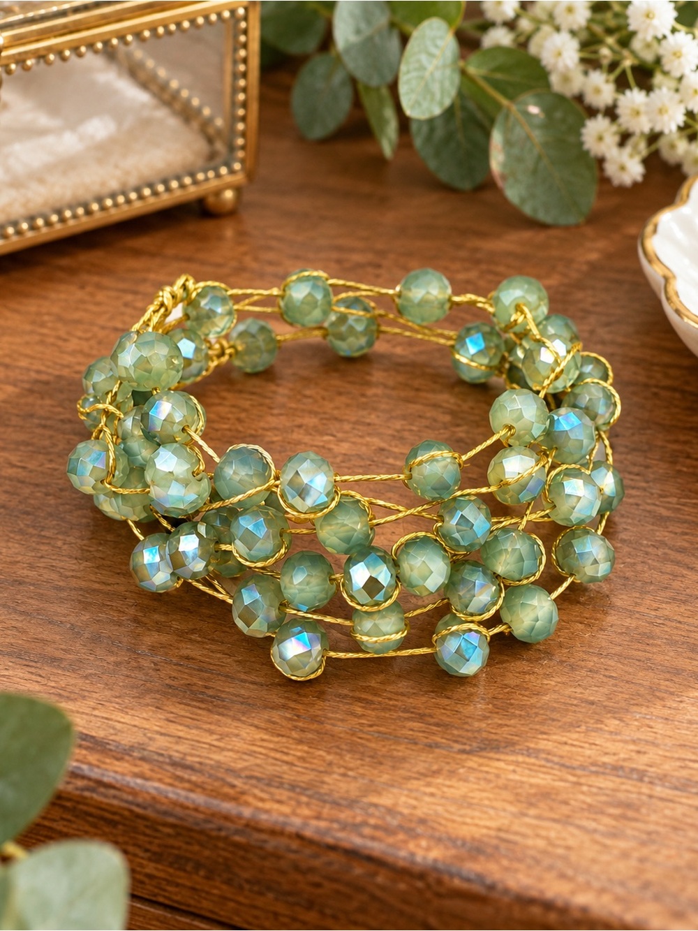 6/$25 - Pomina Sage Green Faceted Beaded Adjustable Bracelet (BN4 po)